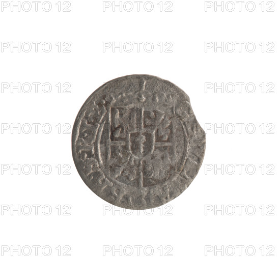 One-and-a-half (coin), Ernest Pfahler; Wislica hoard; obverse: under the ducal mitre a five-field coat of arms, below in the shield a value numeral 3; in the rim between the rims an inscription divided by the mitre and the value numeral G, WI, - BR.SRIE. Reverse: royal orb with a cross whose arms end in finials; in the lower part of the apple the numerals of the value 24; on the sides of the cross the date numerals 2 - 6; in the rim between the rims an inscription divided by a cross and a heart located below the apple: MONE.N, - DVC.PRVS., 1626. Ducal Prussia (1525–1701), Königsberg; coin; diameter 19.0 mm; weight 0.94 g; axis 0°.