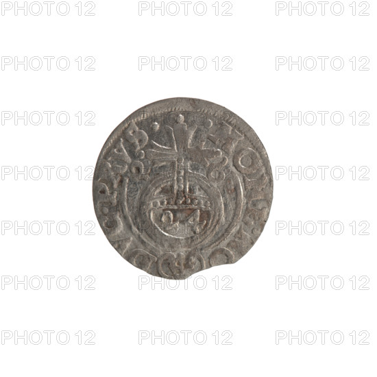 one-and-a-half, Ernest Pfahler, Wislica hoard (numism.), George William Hohenzollern (Elector of Brandenburg; Duke of Prussia; 1620-1640), cross (iconographic), orb of rule (iconographic), coats of arms. Obv.: Under the ducal mitre a five-field coat of arms; below in the shield a value numeral 3. In the rim between the rims an inscription divided by the mitre and the value numeral G, WI, - BR.SRIE. Rev.: Royal orb with a cross with arms ending in finials. In the lower part of the apple, the numerals of the value 24. On the sides of the cross, the date numerals 2 - 6. In the rim between the rims, an inscription divided by a cross and a heart located below the apple: MONE.N, - DVC.PRVS., 1626. Ducal Prussia (1525–1701), Königsberg; coin; diameter 19.0 mm; weight 0.94 g; axis 0°.