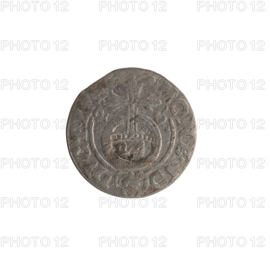 One-and-a-half coin, Ernest Pfahler; hoard from Wislica (numismatic). Obverse: under a ducal mitre a five-field coat of arms, below in the shield the value numeral 3; rim inscription divided by the mitre and the value numeral: .WI.MA. - BR SRIE. Reverse: royal orb with a cross with arms terminating in finials; on the lower part of the apple the value numerals 24; on the sides of the cross the date numerals 2 - 6; rim inscription divided by a cross and a heart below the apple: MONE., O. - DVC., 1626. Ducal Prussia (1525–1701), Königsberg; coin, diameter 19.2 mm, weight 1.10 g, axis 0°.