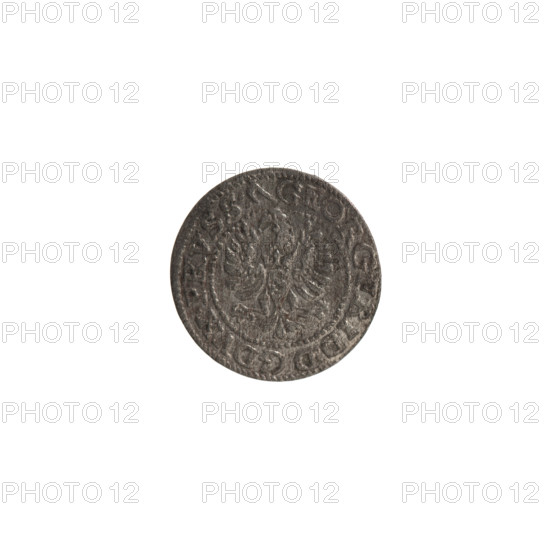 Obverse: In a beaded border a Prussian eagle, on its chest a crowned letter S. In the rim an inscription beginning with a hook GEORG.FRID DG DVX.PRVSS. Outer border composed of diagonal lines. Reverse: Monogram composed of the letters GF, beneath which the Hohenzollern coat of arms between two circles. On the sides of the monogram, date numerals I5-96. Above the monogram .III. Double border — inner continuous, outer composed of diagonal lines. 1596. Ducal Prussia (1525–1701), Königsberg. Coin; diameter 15.4 mm; weight 0.55 g; axis 0°. Publisher: Anger, Krzysztof (Christoph). Associated with the Wislica hoard; George Frederick (Duke of Karniów; 1539–1603).