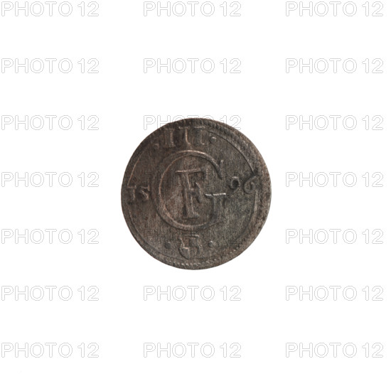 Obverse: In a beaded border a Prussian eagle, on its chest a crowned letter S. In the rim an inscription beginning with a hook GEORG.FRID DG DVX.PRVSS. Outer border composed of diagonal lines. Reverse: Monogram composed of the letters GF, beneath which the Hohenzollern coat of arms between two circles. On the sides of the monogram, date numerals I5-96. Above the monogram .III. Double border — inner continuous, outer composed of diagonal lines. 1596. Ducal Prussia (1525–1701), Königsberg. Coin; diameter 15.4 mm; weight 0.55 g; axis 0°.