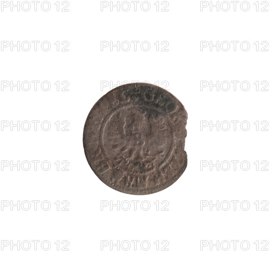 szelag; Ernest Pfahler; Wislica hoard; eagles; George William Hohenzollern (Elector of Brandenburg; Duke of Prussia; 1620–1640); rosettes. Obverse: Prussian eagle, on its chest a crowned letter S; on the rim between borders an inscription beginning with a heart — GEOR, ILH.MA, .BR.SRIEL. Reverse: monogram composed of the letters GW; on the rim between borders an inscription beginning with a rosette — OLI, IAE.162, 162. Ducal Prussia (1525–1701), Königsberg. Coin; diameter 16.2 mm; weight 0.53 g; axis 0°.