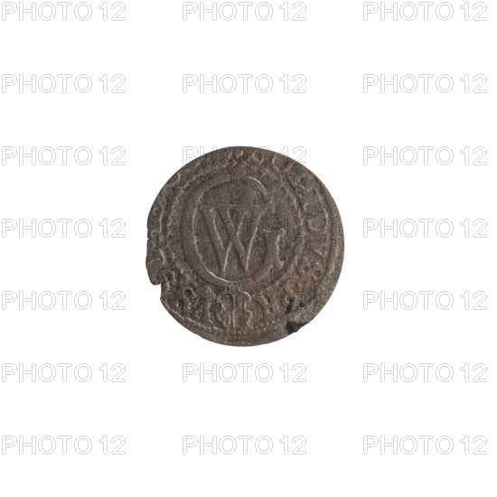 szelag, Ernest Pfahler, the Wislica hoard (numism), eagles, George William Hohenzollern (Elector of Brandenburg; Duke of Prussia; 1620–1640), Hohenzollern (coat of arms). Obverse: Prussian eagle with crowned letter S on its chest; in the rim between borders an inscription beginning with a heart — the hallmark G, LH.MAR.BR.SRIEL. Reverse: monogram composed of the letters GW; in the rim between borders an inscription divided by the Hohenzollern coat of arms, LIDVS.PR - VS, 1619–1640. Ducal Prussia (1525–1701), Königsberg. Coin: diameter 16.0 mm, weight 0.55 g, axis 0°.