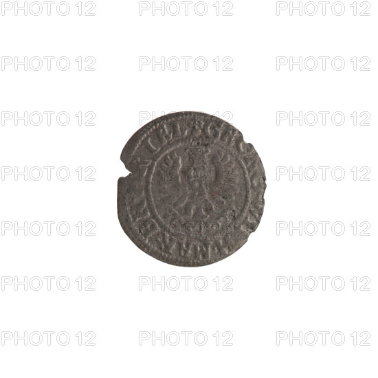 szelag, Ernest Pfahler, Wislica hoard (numism), eagles, George William Hohenzollern (Elector of Brandenburg; Duke of Prussia; 1620–1640), rosettes, Hohenzollern (coat of arms). Obverse: Prussian eagle with crowned letter S on its chest; in the rim between the borders an inscription beginning with a heart — the hallmark .GE, H.MAR.BR., RIEL. Reverse: monogram composed of the letters GW; in the rim between the borders an inscription beginning with a rosette, divided by the Hohenzollern coat of arms, LIDVS.PR - VSS, 1619–1640. Ducal Prussia (1525–1701), Königsberg; coin. Diameter 16.3 mm, weight 0.53 g, axis 0°.