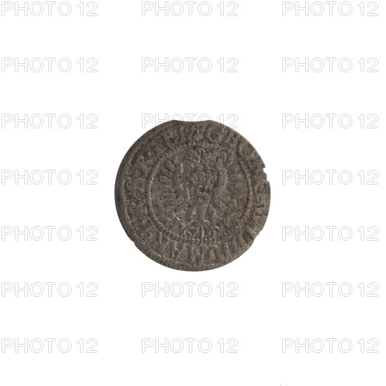 szelag, Ernest Pfahler, the Wislica hoard (numism), George William Hohenzollern (Elector of Brandenburg; Duke of Prussia; 1620–1640), eagles, Hohenzollern (coat of arms). Obv.: Prussian eagle, on its chest the crowned letter S; in the rim between the borders an inscription beginning with a heart — the hallmark .GEORG.WILH.MAR.BR.SRIEL. Rev.: monogram composed of the letters GW; in the rim between the borders an inscription divided by the Hohenzollern coat of arms. Date range 1619–1640. Ducal Prussia (1525–1701), Königsberg. Coin: diameter 16.0 mm, weight 0.45 g, axis 0°.