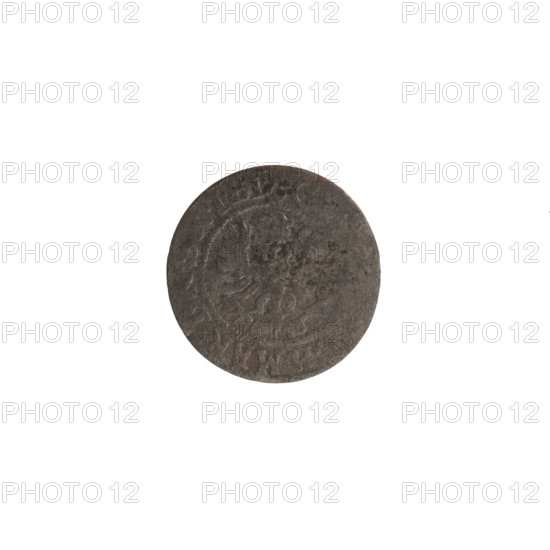 szelag, Ernest Pfahler, Wislica hoard, numism., George William Hohenzollern (Elector of Brandenburg; Prince of Prussia; 1620–1640), eagles, rosettes, Hohenzollern coat of arms. Obverse: Prussian eagle, on its chest the crowned letter S; on the rim between borders an inscription beginning with a heart - the hallmark G, H.MAR.BR.SRIEL. Reverse: monogram composed of the letters GW; on the rim between borders an inscription beginning with a rosette, divided by the Hohenzollern coat of arms, DVS.PR - V, 1619–1640. Ducal Prussia (1525–1701), Königsberg. Coin: diameter 15.7 mm, weight 0.40 g, axis 0°.