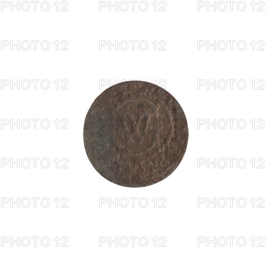 szelag, Ernest Pfahler, Wislica hoard, George William Hohenzollern (Elector of Brandenburg; Prince of Prussia; 1620–1640), eagles, rosettes, Hohenzollern (coat of arms). Obverse: Prussian eagle with crowned letter S on its chest; on the rim between borders an inscription beginning with a heart-shaped hallmark G: H.MAR.BR.SRIEL. Reverse: monogram composed of letters GW; on the rim between borders an inscription beginning with a rosette, divided by the Hohenzollern coat of arms: DVS.PR - V, 1619–1640. Ducal Prussia (1525–1701), Königsberg. Coin; diameter 15.7 mm; weight 0.40 g; axis 0°.