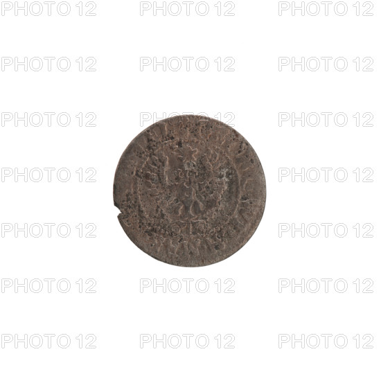 szelag by Ernest Pfahler; hoard from Wislica; numism. Obverse: Prussian eagle with crowned letter S on its chest; in rim between borders an inscription beginning with a heart - the hallmark, O, G.WILH.MAR.B, .RIEL. Reverse: monogram composed of the letters GW; in the rim between the borders an inscription beginning with a rosette, divided by the Hohenzollern coat of arms SO, SP, -VSS, 1633. Rosettes; Hohenzollern (coat of arms); George William Hohenzollern (Elector of Brandenburg; Duke of Prussia; 1620–1640). Ducal Prussia (1525–1701), Königsberg. Coin, diameter 15.9 mm, weight 0.54 g, axis 0 degrees.