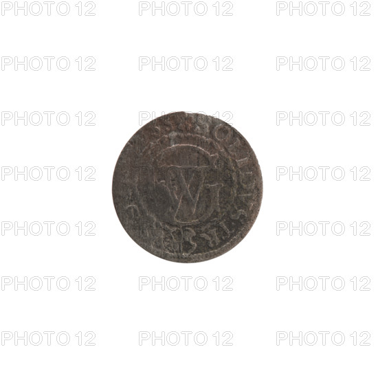 szelag, the Wislica hoard (numism), George William Hohenzollern (Elector of Brandenburg; Prince of Prussia; 1620-1640), eagles, Hohenzollern (coat of arms), rosettes. Obv.: Prussian eagle; on its chest a crowned letter S. In the rim between the borders an inscription. Rev.: Monogram composed of the letters GW. In the rim between the borders an inscription beginning with a rosette, divided by the Hohenzollern coat of arms, OLIDVS.PR - VS. 1633. Ducal Prussia (1525–1701), Königsberg. Coin: diameter 15.8 mm, weight 0.53 g, axis 0 degrees.