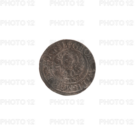 szelag, Pfahler, Ernest, Wislica hoard (numism), eagles, rosettes, Hohenzollern (coat of arms). Obverse: Prussian eagle with crowned letter S on its chest; in the rim between borders an inscription beginning with a heart: GEORG.WILH.MAR.BR.SRIEL. Reverse: monogram composed of the letters GW; in the rim between borders an inscription beginning with a rosette, divided by the Hohenzollern coat of arms: SOLIDVS.PR - VSS, 1633. Ducal Prussia (1525–1701), Königsberg; coin. Diameter 16.5 mm, weight 0.49 g, axis 0°.