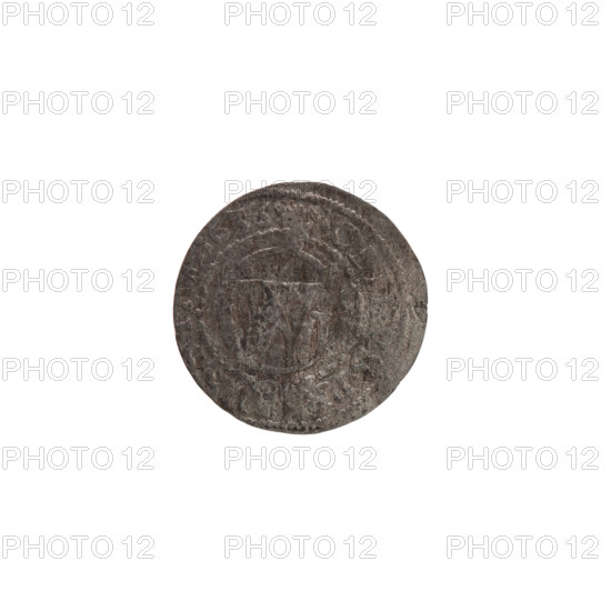 szelag (coin), Pfahler, Ernest; the Wislica hoard (numismatics). Obverse: Prussian eagle, on its chest the crowned letter S; in the rim between borders an inscription beginning with a heart: GEORG.WILH.MAR.BR.SRIEL. Reverse: monogram composed of the letters GW; in the rim between borders an inscription beginning with a rosette, divided by the Hohenzollern coat of arms: SOLIDVS.PR - VSS. Date: 1633. Issued in Ducal Prussia (1525–1701), Königsberg. Coin: diameter 16.5 mm, weight 0.49 g, axis 0 degrees.