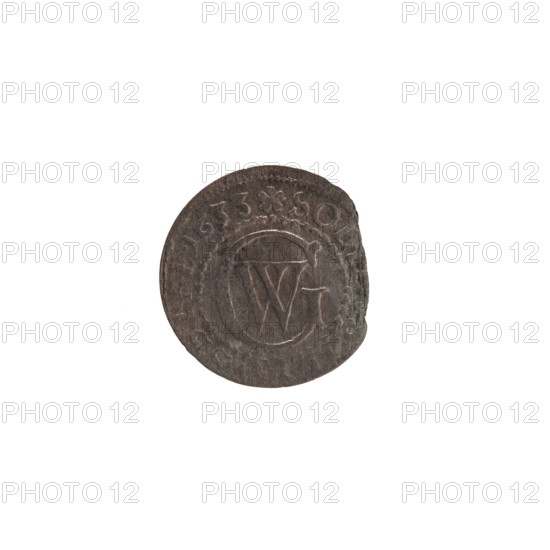 szelag, Ernest Pfahler, Wislica hoard (numism), George William Hohenzollern (Elector of Brandenburg; Duke of Prussia; 1620–1640), eagles, rosettes, Hohenzollern (coat of arms). Obverse: Prussian eagle with on its chest a crowned letter S; in the rim between the borders an inscription beginning with a heart - the hallmark WILH., R, .I.EL. Reverse: monogram composed of the letters GW; in the rim between the borders an inscription beginning with a rosette, divided by the Hohenzollern coat of arms SOL, VSSIAE. 1633. Ducal Prussia (1525–1701), Königsberg. Coin; diameter 16.0 mm; weight 0.41 g; axis 0°.