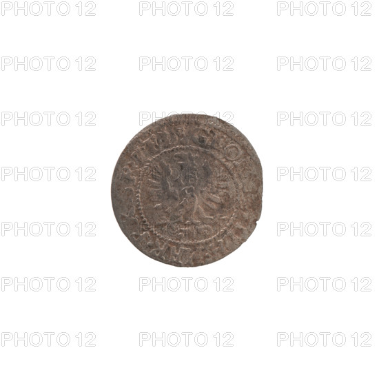 szelag, Ernest Pfahler, Wislica hoard (numism), obverse: Prussian eagle with crowned letter S on its chest; in rim between borders an inscription beginning with a heart (hallmark) GEO ILH.MAR.BR.S RIEL; reverse: monogram composed of letters GW; in rim between borders an inscription beginning with a rosette, divided by the Hohenzollern coat of arms SOLIDV PR - VS 630 1630; Hohenzollern (coat of arms), eagles, rosettes; Ducal Prussia (1525–1701), Königsberg; coin; diameter 16.2 mm; weight 0.42 g; axis 0°