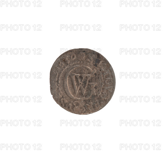 szelag by Ernest Pfahler, Wislica hoard (numism), 1630. Obverse: Prussian eagle with crowned letter S on its chest; rim inscription beginning with a heart hallmark, reading GEO, ILH.MAR.BR.S, RIEL. Reverse: monogram composed of the letters GW; rim inscription beginning with a rosette, divided by the Hohenzollern coat of arms, reading SOLIDV, PR - VS, 630. Ducal Prussia (1525–1701), Königsberg. Coin; diameter 16.2 mm, weight 0.42 g, axis 0°.