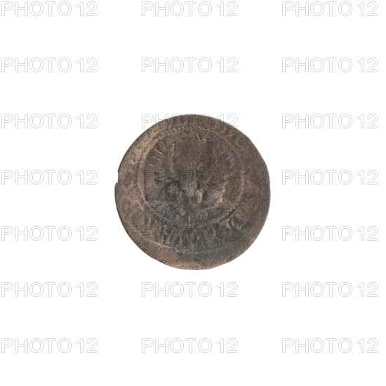 szelag, hoard from Wislica (numism.), eagles, rosettes, Hohenzollern (coat of arms). Obv.: Prussian eagle, on its chest a crowned letter S; on the rim between the borders an inscription beginning with a heart - the hallmark WILH.MAR.BR. Rev.: monogram composed of the letters GW; on the rim between the borders an inscription beginning with a rosette, divided by the Hohenzollern coat of arms SOLIDVS.PR - VS, 30, 1630. Ducal Prussia (1525–1701), Königsberg. Coin: diameter 16.0 mm, weight 0.41 g, axis 0°.