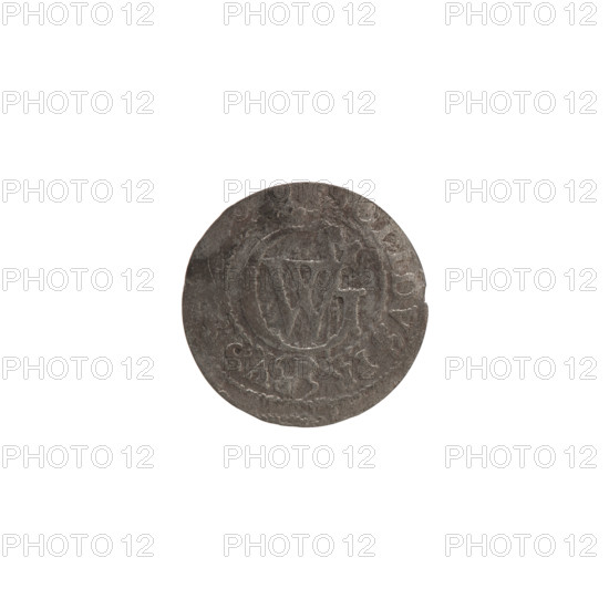 szelag, hoard from Wislica (numism.), George William Hohenzollern (Elector of Brandenburg; Duke of Prussia; 1620-1640), eagles, rosettes, Hohenzollern (coat of arms). Obv.: Prussian eagle, on its chest a crowned letter S; on the rim, between the borders, an inscription beginning with a heart — the hallmark, WILH.MAR.BR. Rev.: monogram composed of the letters GW; on the rim, between the borders, an inscription beginning with a rosette, divided by the Hohenzollern coat of arms: SOLIDVS.PR — VS, 30, 1630. Ducal Prussia (1525–1701), Königsberg. Coin: diameter 16.0 mm, weight 0.41 g, axis 0°.