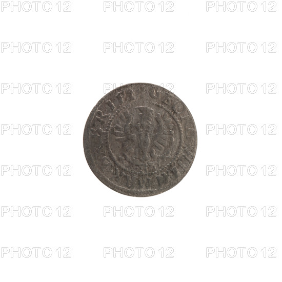 szelag, Ernest Pfahler, Wislica hoard, Prussian coin (szelag), obverse: Prussian eagle with crowned letter S on its chest; rim inscription beginning with a heart hallmark: GEORG.WIL., .MAR.BR.SRI; reverse: monogram composed of letters GW; rim inscription beginning with a rosette, divided by the Hohenzollern coat of arms: SOLIDVS.PR - , SSI; date 1630; Ducal Prussia (1525–1701), Königsberg; coin: diameter 16.1 mm, weight 0.50 g, axis 0°.