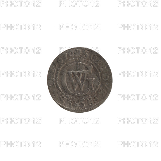 szelag, Ernest Pfahler; Wislica hoard (numism.); Prussian coin (Ducal Prussia, 1525–1701), 1630, Königsberg. Obverse: Prussian eagle with crowned letter S on its chest; in rim between borders an inscription beginning with a heart — GEORG.WIL. .MAR.BR.SRI; reverse: monogram composed of letters GW; in rim between borders an inscription beginning with a rosette, divided by the Hohenzollern coat of arms SOLIDVS.PR - , SSI. Diameter 16.1 mm, weight 0.50 g, axis 0°.
