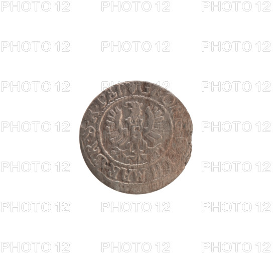 szelag, the Wislica hoard (numism.), George William Hohenzollern (Elector of Brandenburg; Prince of Prussia; 1620-1640), eagles, Hohenzollern (coat of arms), rosettes. Obv.: Prussian eagle, on its chest a crowned letter S; on the rim between the borders an inscription beginning with a heart — the hallmark GEOR, ILH.MAR.BR.SRIEL. Rev.: monogram composed of the letters GW; on the rim between the borders an inscription divided by the Hohenzollern coat of arms, DVS.PR-VSS. Due to off-centre minting, a fragment of the rim with the legend beginning with a rosette SO, 9 is visible on the disc; interstamp marks also visible. Date: 1629, Königsberg, Ducal Prussia (1525–1701). Medium: coin; diameter 16.4 mm; weight 0.61 g; axis 0°.