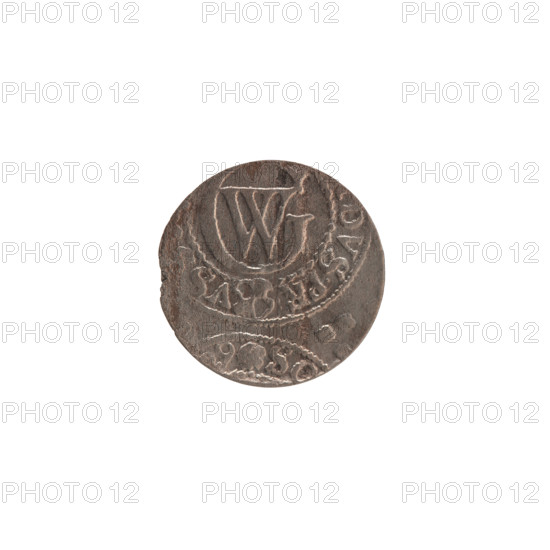 szelag by Ernest Pfahler, from the Wislica hoard (numism.). Obverse: Prussian eagle bearing on its chest a crowned letter S; rim inscription beginning with a heart hallmark GEOR, ILH.MAR.BR.SRIEL. Reverse: monogram composed of the letters GW; rim inscription divided by the Hohenzollern coat of arms, DVS.PR - VSS. Off-centre minting shows a fragment of the rim with a legend beginning with a rosette SO, 9 visible on the field; inter-stamp marks present. Features Hohenzollern coat of arms, eagles, and rosettes. Dated 1629, Königsberg, Ducal Prussia (1525–1701). Coin: diameter 16.4 mm, weight 0.61 g, axis 0°.