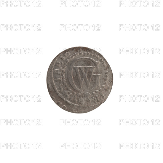 szelag; maker: Pfahler, Ernest; Wislica hoard (numism); Obverse: Prussian eagle with crowned letter S on its chest; rim inscription beginning with a heart - hallmark G, Rw; monogram composed of the letters GW; reverse rim inscription beginning with a rosette, divided by the Hohenzollern coat of arms, reading S.PR - VSSIAE 162; date: 1629; place: Ducal Prussia (1525–1701), Königsberg; motifs: eagles, rosettes, Hohenzollern coat of arms; coin; diameter 16.2 mm; weight 0.64 g; axis 0°.