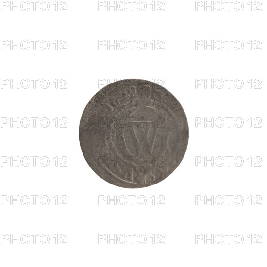 szelag, hoard from Wislica (numism), Pfahler, Ernest, eagles, Hohenzollern (coat of arms), obverse: Prussian eagle, in the rim between the borders the inscription, MAR; reverse: monogram composed of the letters GW, in the rim between the borders an inscription beginning with a rosette, divided by the Hohenzollern coat of arms; inscribed S - VS; date 1629; Ducal Prussia (1525–1701), Königsberg; coin: diameter 16.3 mm, weight 0.49 g, axis 0°