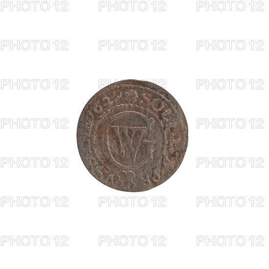 Szelag (1629), Ernest Pfahler. Obverse: Prussian eagle with crowned letter S on its chest; in rim between borders an inscription beginning with a heart — GEORG.WILH.MAR.BR.SRIEL. Reverse: monogram composed of the letters GW; in rim between borders an inscription beginning with a rosette, divided by the Hohenzollern coat of arms — SOLIDVS.PR · VSSIAE · 1629. Ducal Prussia (1525–1701), Königsberg. Coin; diameter 16.6 mm, weight 0.50 g, axis 0°.