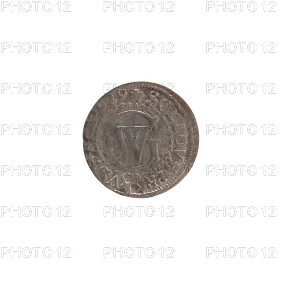 szelag, hoard from Wislica (numism.), eagles, rosettes, Hohenzollern (coat of arms). Obverse: Prussian eagle. On the rim between the borders an inscription beginning with a heart — hallmark GE, .MAR.BR, SRIEL; monogram composed of the letters GW. Reverse: in the rim between the borders an inscription beginning with a rosette, divided by the Hohenzollern coat of arms SOLIDVS.PR - VS. Date 1629. Ducal Prussia (1525–1701), Königsberg. Coin: diameter 16.4 mm, weight 0.51 g, axis 0°.