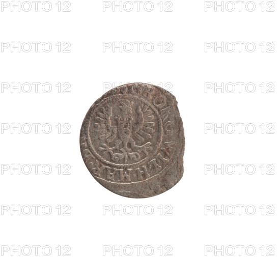 Szelag by Ernest Pfahler, from 1629. Silver coin (diameter 16.3 mm, weight 0.52 g, axis 0°). Obverse: Prussian eagle with a crowned letter S on its chest; in the rim between borders an inscription beginning with a heart hallmark, GEORG.WILH.MAR. Reverse: monogram composed of the letters GW; in the rim between borders an inscription beginning with a rosette, divided by the Hohenzollern coat of arms SOL, S.PR - VSSI, 29. Duchy of Prussia (1525–1701), Königsberg.