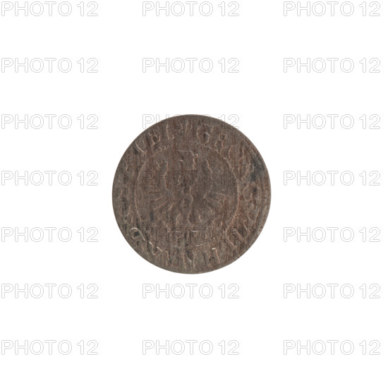 szelag, Pfahler, Ernest; the Wislica hoard (numism); Obv. Prussian eagle, on its chest the crowned letter S. In the rim between the borders an inscription beginning with a heart: GEORG.WILH.MAR.BR.SRIEL. Rv. Monogram composed of the letters GW. In the rim between the borders an inscription beginning with a rosette, divided by the Hohenzollern coat of arms: SOLIDVS.PR - VSSIAE. 1629. Ducal Prussia (1525–1701), Königsberg. Coin; diameter 16.2 mm; weight 0.58 g; axis 0°.