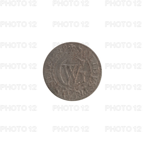 szelag, Obv. Prussian eagle, on its chest the crowned letter S. In the rim between the borders an inscription beginning with a heart - GEORG.WILH.MAR.BR.SRIEL. Rv. Monogram composed of the letters GW. In the rim between the borders an inscription beginning with a rosette, divided by the Hohenzollern coat of arms SOLIDVS.PR - VSSIAE.1629. Maker: George William Hohenzollern (Elector of Brandenburg; Duke of Prussia; 1620–1640). Date: 1629. Place: Ducal Prussia, Königsberg. Type: coin (szelag). Materials/style: coin with eagles, rosettes, Hohenzollern coat of arms. Dimensions: diameter 16.2 mm, weight 0.58 g, axis 0°.