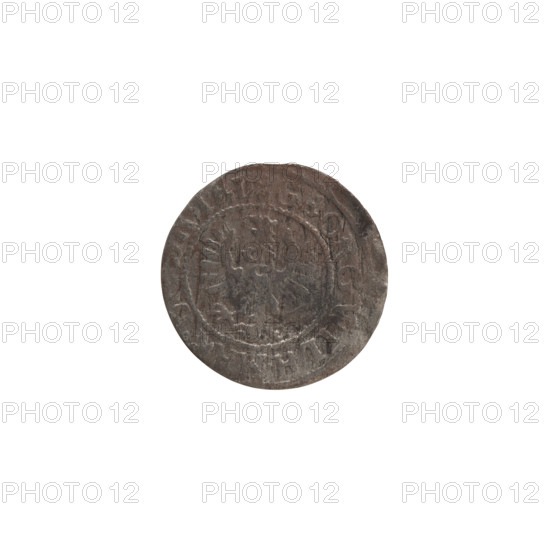 szelag by Ernest Pfahler, from the Wislica hoard (numism). Silver coin, Ducal Prussia (1525–1701), Königsberg, 1629. Obverse: Prussian eagle with crowned letter S on its chest; rim inscription beginning with a heart — GEORG.WILH.MAR., .I.EL. Reverse: monogram composed of the letters GW; rim inscription beginning with a rosette and divided by the Hohenzollern coat of arms — SOLIDVS.PR · VSSIAE · 1629. Design elements: eagles, rosettes, Hohenzollern coat of arms. Diameter 16.2 mm, weight 0.54 g, axis 0°.