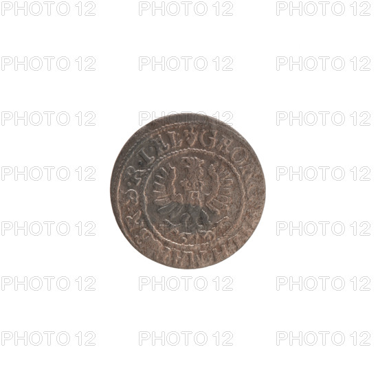 szelag, Pfahler, Ernest; the Wislica hoard; George William Hohenzollern (Elector of Brandenburg; Duke of Prussia; 1620–1640); Obv. Prussian eagle, on its chest the crowned letter S. In the rim between the borders an inscription beginning with a heart - the hallmark GEORG.WILH.MAR, BR.SRIEL. Rev. Monogram composed of the letters GW. In the rim between the borders an inscription beginning with a rosette, divided by the Hohenzollern coat of arms SOLIDVS.PR - VS, 29, 1629. Ducal Prussia (1525–1701), Königsberg. Coin: diameter 16.3 mm, weight 0.53 g, axis 0°.