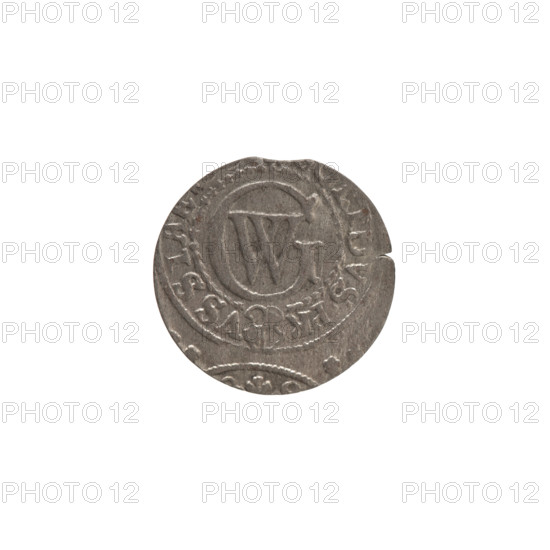 szelag, Pfahler, Ernest, the Wislica hoard (numism), eagles, George William Hohenzollern (Elector of Brandenburg; Prince of Prussia; 1620-1640), Hohenzollern (coat of arms), rosettes. Obverse: Prussian eagle with crowned letter S on its chest; in the rim between borders an inscription beginning with a heart - GEORG.WILH.MAR.]BR.SRIE. Reverse: monogram composed of the letters GW; in the rim between borders an inscription divided by the Hohenzollern coat of arms, LIDVS.PR - VSSIAE, 1623 - 1633. Ducal Prussia (1525-1701), Königsberg. Coin: diameter 17.3 mm, weight 0.76 g, axis 0 degrees.