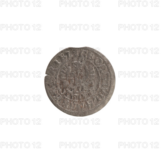 szelag, Wislica hoard, eagles, George William Hohenzollern (Elector of Brandenburg; Prince of Prussia; 1620–1640), Hohenzollern (coat of arms), rosettes. Obverse: Prussian eagle with crowned letter S on its chest; in the rim between the borders an inscription beginning with a heart — GEORG.WILH.MAR.]BR.SRIE. Reverse: monogram composed of the letters GW; in the rim between the borders an inscription divided by the Hohenzollern coat of arms — LIDVS.PR - VSSIAE, 1623–1633. Ducal Prussia (1525–1701), Königsberg. Coin, diameter 17.3 mm, weight 0.76 g, axis 0°.