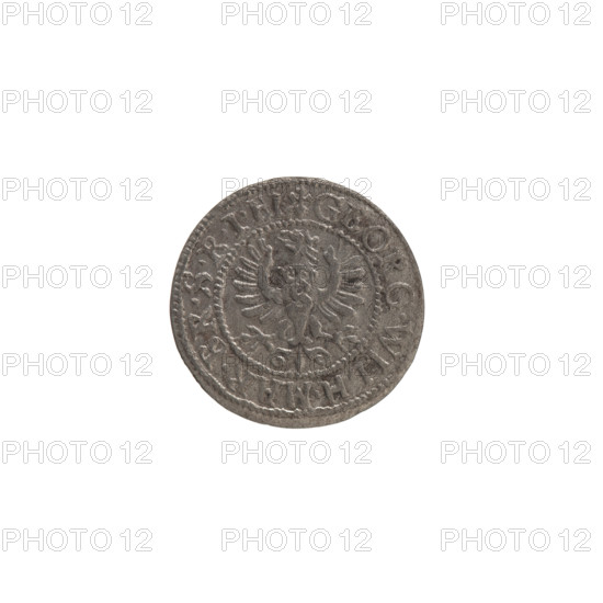 szelag by Ernest Pfahler, the Wislica hoard (numism). Obverse: Prussian eagle; on its chest the crowned letter S; rim inscription beginning with a heart: GEORG.WILH.MAR.BR.SRIEL. Reverse: monogram composed of the letters GW; rim inscription beginning with a rosette, divided by the Hohenzollern coat of arms: SOLIDVS.PR - VSSIA. Dated 1633. Ducal Prussia (1525–1701), Königsberg. Coin; diameter 16.7 mm; weight 0.61 g; axis 0°.