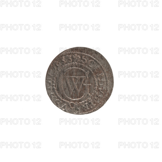 Szelag by Ernest Pfahler, Wislica hoard (numismatic), obverse: Prussian eagle with crowned letter S on its chest; rim inscription beginning with a heart: GEORG.WILH.MAR.BR.SRIEL. Reverse: monogram composed of the letters GW; rim inscription beginning with a rosette, divided by the Hohenzollern coat of arms: SOLIDVS.PR - VSSIA. Dated 1633. Ducal Prussia (1525–1701), Königsberg. Coin; diameter 16.7 mm, weight 0.61 g, axis 0°.