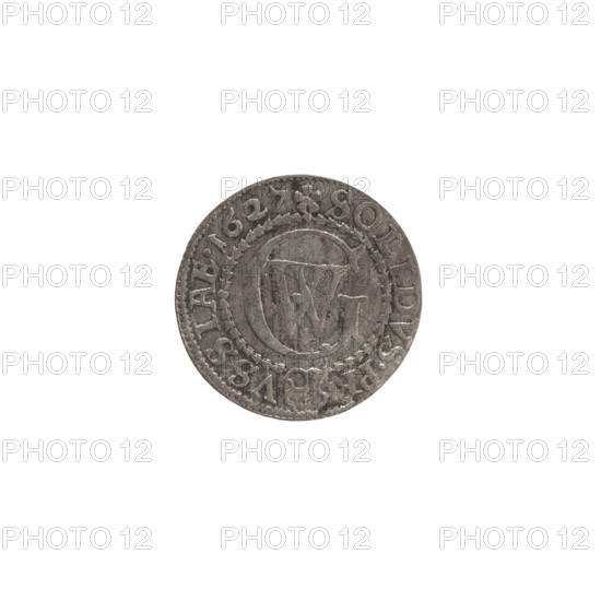szelag, Ernest Pfahler, the Wislica hoard, eagles, George William Hohenzollern (Elector of Brandenburg; Prince of Prussia; 1620–1640), Hohenzollern (coat of arms), rosettes. Obverse: Prussian eagle, on its chest the crowned letter S; in the rim between the borders an inscription beginning with a heart—GEORG.WILH.MAR.BR.SRIEL. Reverse: monogram composed of the letters GW; in the rim between the borders an inscription beginning with a rosette, divided by the Hohenzollern coat of arms—SOLIDVS.PR VSSIAE.1627. Date: 1627. Place: Ducal Prussia (1525–1701), Königsberg. Coin, diameter 16.3 mm, weight 0.50 g, axis 0°.
