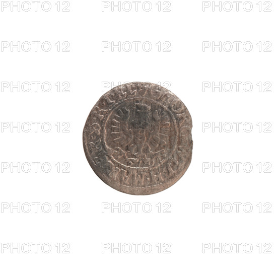 szelag, Obv. Prussian eagle, on its chest the crowned letter S; rim inscription beginning with a heart — GEORG.WILH.MA, RSRIEL Rw; monogram composed of the letters GW; reverse rim inscription beginning with a rosette, divided by the Hohenzollern coat of arms SOLIDVS.PR - .1629; 1629; maker: George William (Elector of Brandenburg; Duke of Prussia, 1620–1640); Hohenzollern (coat of arms), eagles, rosettes; Ducal Prussia (1525–1701), Königsberg; coin (szelag): diameter 16.3 mm, weight 0.49 g, axis 0 degrees.