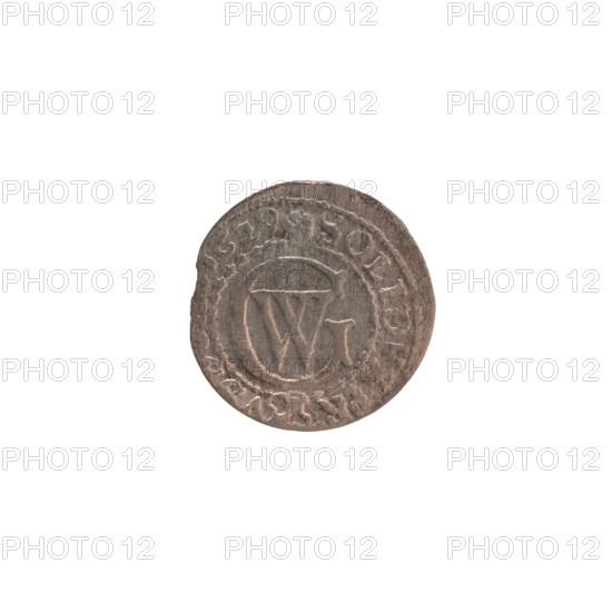 szelag, Ernest Pfahler, Wislica hoard (numism), silver coin (szelag), Obv. Prussian eagle with crowned letter S on its chest; rim inscription beginning with a heart: GEORG.WILH.MA, RSRIEL Rw.; monogram composed of the letters GW; Rev. rim inscription beginning with a rosette, divided by the Hohenzollern coat of arms: SOLIDVS.PR - .1629; dated 1629; Ducal Prussia (1525–1701), Königsberg; diameter 16.3 mm; weight 0.49 g; axis 0°.