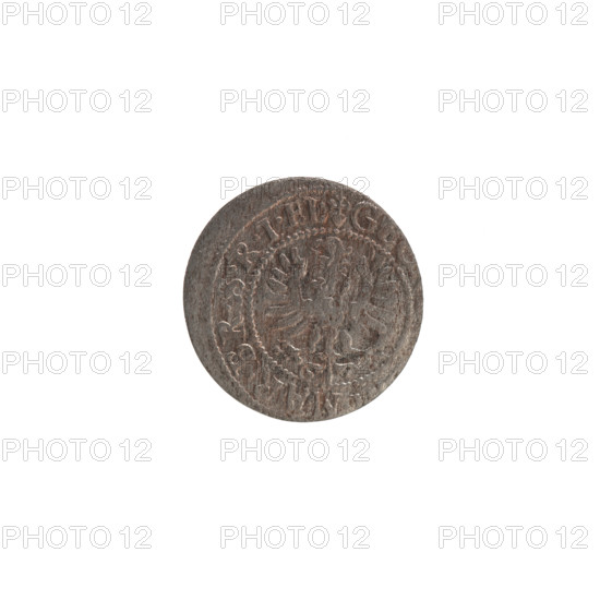 szelag, Ernest Pfahler, Wislica hoard (numism), eagles, George William Hohenzollern (Elector of Brandenburg; Duke of Prussia; 1620-1640), rosettes, Hohenzollern (coat of arms). Obverse: Prussian eagle, on its chest the crowned letter S; in the rim between the borders an inscription beginning with a heart - the hallmark GE, .MAR.BR.SRIEL. Reverse: monogram composed of the letters GW; in the rim between the borders an inscription beginning with a rosette, divided by the Hohenzollern coat of arms SOLIDVS.PR - V, 27, 1627. Ducal Prussia (1525–1701), Königsberg. Coin; diameter 16.1 mm; weight 0.50 g; axis 0°.