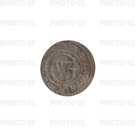 szelag, Pfahler, Ernest; the Wislica hoard (numism); eagles; George William Hohenzollern (Elector of Brandenburg; Duke of Prussia; 1620-1640); rosettes; Hohenzollern (coat of arms). Obverse: Prussian eagle with crowned letter S on its chest; in the rim between borders an inscription beginning with a heart - the hallmark GE, .MAR.BR.SRIEL. Reverse: monogram composed of the letters GW; in the rim between borders an inscription beginning with a rosette, divided by the Hohenzollern coat of arms SOLIDVS.PR - V, 27, 1627. Ducal Prussia (1525–1701), Königsberg. Coin: diameter 16.1 mm, weight 0.50 g, axis 0°.