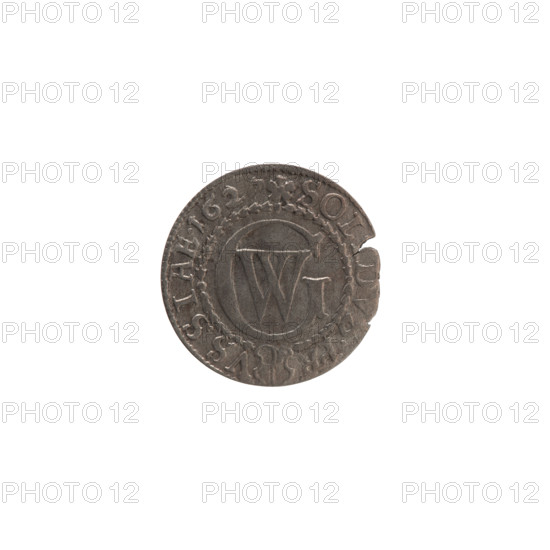 szelag, Ernest Pfahler, Wislica hoard, eagles, George William Hohenzollern (Elector of Brandenburg; Duke of Prussia; 1620–1640), rosettes, Hohenzollern (coat of arms). Obverse: Prussian eagle with crowned letter S on its chest; in the rim between the borders an inscription beginning with a heart — hallmark GEORG.WILH.MAR., L. Reverse: monogram composed of the letters GW; in the rim between the borders an inscription beginning with a rosette, divided by the Hohenzollern coat of arms SOL, DVS.PR — VSSIAE.1627. Date: 1627. Place: Ducal Prussia (1525–1701), Königsberg. Coin. Diameter 16.1 mm; weight 0.59 g; axis 0°.