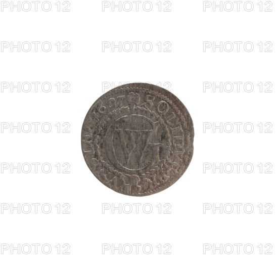 Szelag (coin), Ernest Pfahler; Wislica hoard (numismatics). Obverse: Prussian eagle with crowned letter S on its chest; in the rim between borders an inscription beginning with a heart — GEORG.WILH.MAR.BR.SRIEL. Reverse: monogram composed of the letters GW; in the rim between borders an inscription beginning with a rosette, divided by the Hohenzollern coat of arms — SOLIDVS.PR-VSSIAE.1627. Features: eagles, rosettes, Hohenzollern coat of arms; dated 1627. Issued in Ducal Prussia (1525–1701), Königsberg. Coin; diameter 16.2 mm, weight 0.53 g, axis 0°.