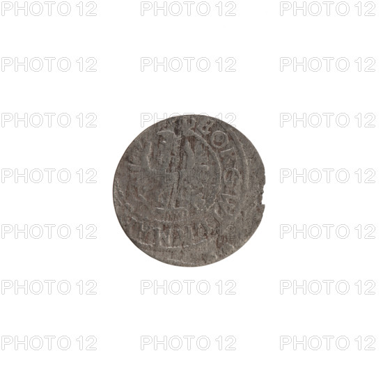 szelag, hoard from Wislica (numismatic), Ernest Pfahler, Prussian coin, 1628, Ducal Prussia (1525–1701), Königsberg. Obverse: Prussian eagle, on rim between borders an inscription beginning with a heart — the hallmark GEORG.W, RIEL. Reverse: monogram composed of the letters GW, on rim between borders an inscription beginning with a rosette, divided by the Hohenzollern coat of arms, OLI, - VSSI, 1628. Hohenzollern (coat of arms), eagles, rosettes. Coin: diameter 16.0 mm, weight 0.65 g, axis 0°.