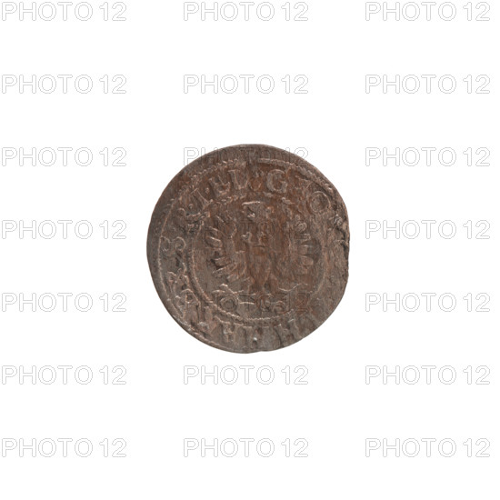 szelag, Ernest Pfahler, the Wislica hoard (numism), eagles, Hohenzollern (coat of arms), George William Hohenzollern (Elector of Brandenburg; Duke of Prussia; 1620–1640), rosettes. Obverse: Prussian eagle, on its chest the crowned letter S; in the rim between the borders an inscription beginning with a heart - the hallmark GEO, LH.MAR.BR.SRIEL. Reverse: monogram composed of the letters GW; in the rim between the borders an inscription beginning with a rosette, divided by the Hohenzollern coat of arms SOLIDVS.PR - VSSI. Date: 1628. Place: Ducal Prussia (1525–1701), Königsberg. Medium: coin; diameter 16.6 mm; weight 0.58 g; axis 0°.