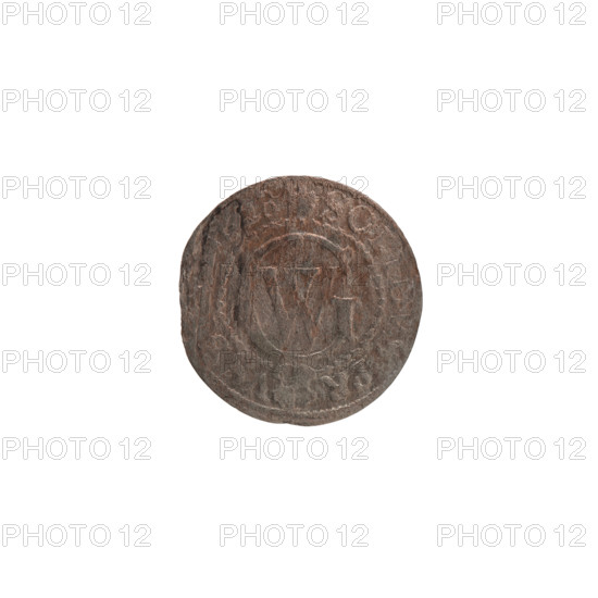 szelag, Ernest Pfahler, Wislica hoard (numism), eagles, Hohenzollern (coat of arms), George William Hohenzollern (Elector of Brandenburg; Duke of Prussia; 1620–1640), rosettes. Obverse: Prussian eagle with crowned letter S on its chest; in the rim between the borders an inscription beginning with a heart — hallmark GEO, LH.MAR.BR.SRIEL. Reverse: monogram composed of the letters GW; in the rim between the borders an inscription beginning with a rosette, divided by the Hohenzollern coat of arms SOLIDVS.PR — VSSI. Date: 1628. Place: Ducal Prussia (1525–1701), Königsberg. Object: coin (szelag); diameter 16.6 mm; weight 0.58 g; axis 0°.