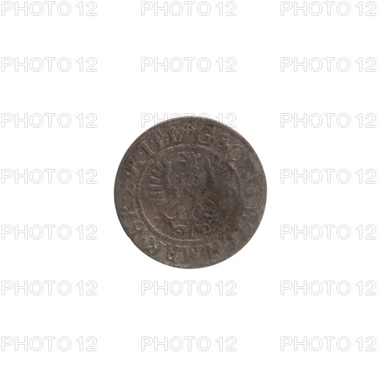 szelag, Pfahler, Ernest, the Wislica hoard (numism), George William Hohenzollern (Elector of Brandenburg; Prince of Prussia; 1620-1640), eagles, Hohenzollern (coat of arms), rosettes. Obverse: Prussian eagle, on its chest a crowned letter S; in the rim between the borders an inscription beginning with a heart: GEORG.WILH.MAR.BR.SRIEL. Reverse: monogram composed of the letters GW; in the rim between the borders an inscription beginning with a rosette, divided by the Hohenzollern coat of arms: SOLIDVS.PR - VSS. Date: 1628. Place: Ducal Prussia (1525–1701), Königsberg. Coin: diameter 15.8 mm, weight 0.57 g, axis 0°.