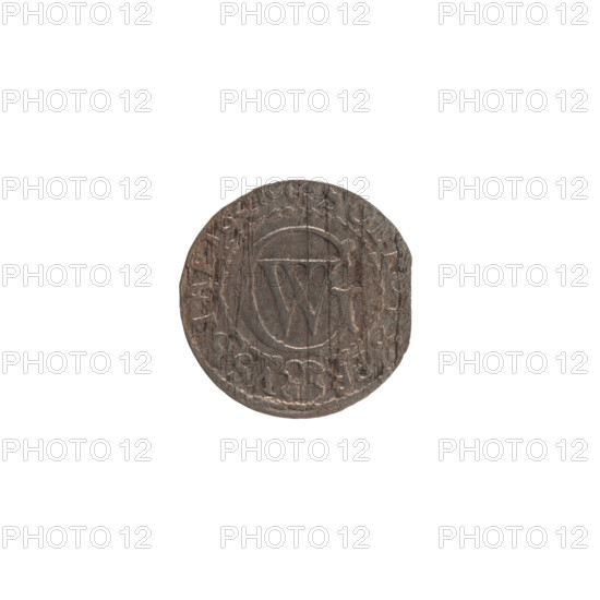 szelag by Ernest Pfahler, Wislica hoard (numismatic); obverse: Prussian eagle with crowned letter S on its chest, rosette in rim, inscription beginning with a heart and hallmark GEORG.WILH.MAR.B; reverse: monogram composed of letters GW, inscription beginning with a rosette divided by the Hohenzollern coat of arms, reading SOLI, VS.PR - VS, IAE.162 (1628). Ducal Prussia (1525–1701), Königsberg; coin; diameter 15.7 mm; weight 0.54 g; axis 0°.