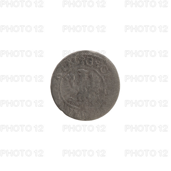 szelag, Wislica hoard (numismatic), George William Hohenzollern (Elector of Brandenburg; Duke of Prussia; 1620–1640). Obverse: Prussian eagle, on its chest the crowned letter S; in the rim between the borders an inscription beginning with a heart — the hallmark GEO, AR.B, RIEL Rw; monogram composed of the letters GW. Reverse: in the rim between the borders an inscription beginning with a rosette, divided by the Hohenzollern coat of arms, PR-VSS, E.162, 1627, Königsberg, Ducal Prussia (1525–1701). Coin, diameter 16.3 mm, weight 0.68 g, axis 0°.